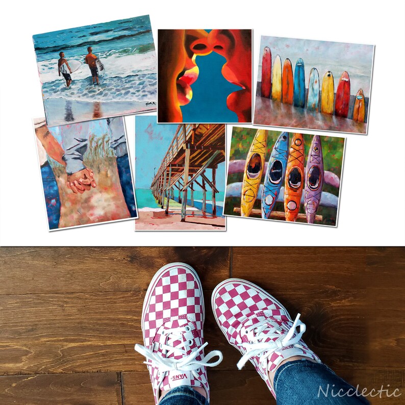 May include: A collection of eight paintings depicting various beach scenes, including a couple holding hands, a pier, a couple kissing, and surfboards. The paintings are displayed against a white background.