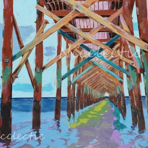 Oak Island Pier North Carolina, colorful coastal wall art print by Nicole Roggeman at Nicclectic, 11x14 inch NC beach decor