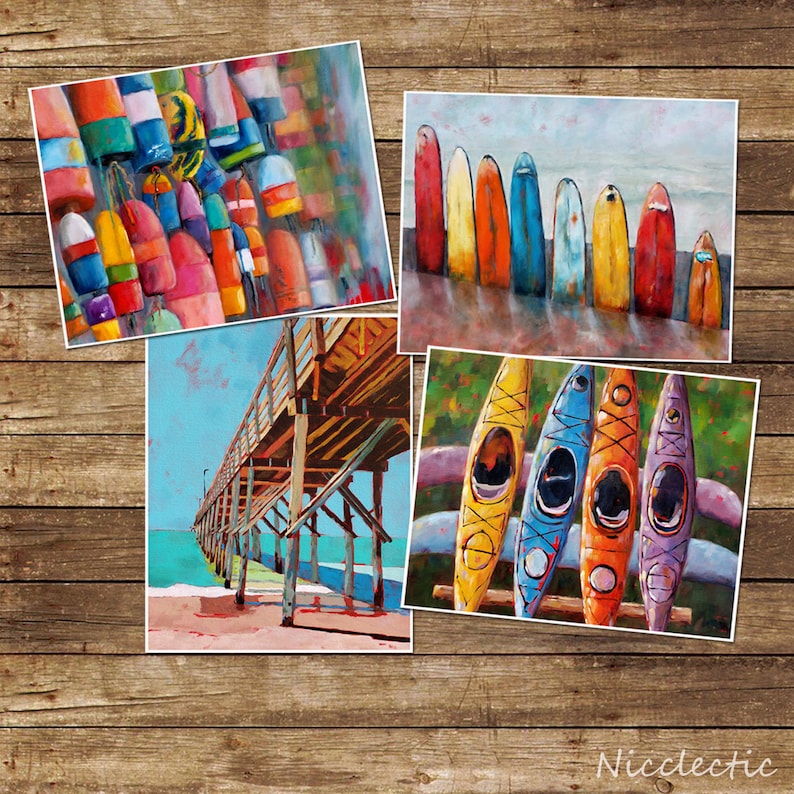 May include: Four colourful paintings depicting beach scenes. The first painting shows a group of colourful buoys. The second painting shows a row of colourful surfboards. The third painting shows a wooden pier over a blue ocean. The fourth painting shows three colourful kayaks.