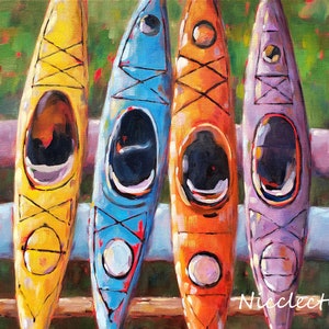 Colorful Kayaks Art Print: Poconos Lake House Decor