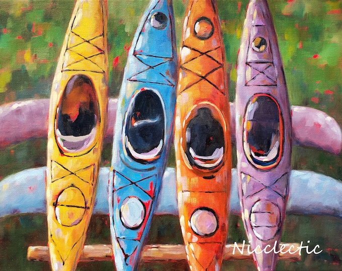 Colorful kayaks -  mountain lake decor art print