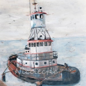 May include: A white and red tugboat with a tall, narrow cabin and a black hull is docked at a pier. The boat has a red stripe around the middle and a black railing. The boat is in the water and the sky is a light blue.