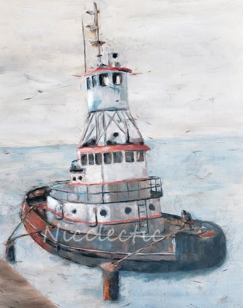 May include: A white and red tugboat with a tall, narrow cabin and a black hull is docked at a pier. The boat has a red stripe around the middle and a black railing. The boat is in the water and the sky is a light blue.