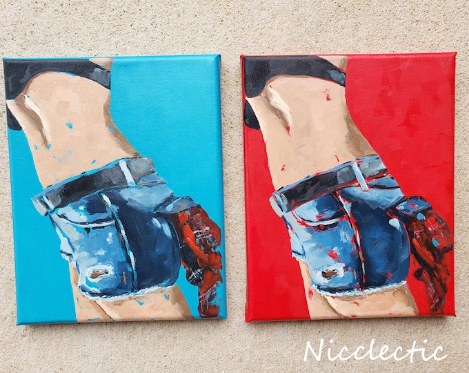 Red and blue figurative art, jean shorts with red flannel in her back pocket, Born in the USA, 8x10 art piece set by Nicclectic sexy girl