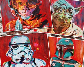 Star Wars collection - set of 4 5x7 inch art prints by Nicole Roggeman, Luke Skywalker, Yoda, Stormtrooper and Boba Fett, movie artwork