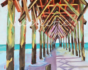 Surf City Pier on Topsail Island NC, Colorful wooden pier painting, modern coastal decor by Nicole Roggeman at Nicclectic, free shipping