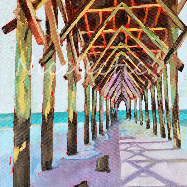 Surf City Pier on Topsail Island NC, Colorful wooden pier painting, modern coastal decor by Nicole Roggeman at Nicclectic, free shipping