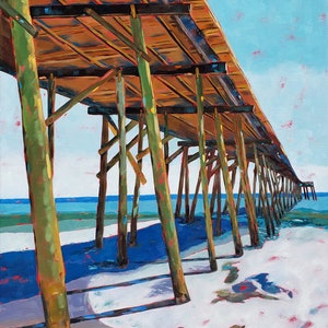 Kure Beach Pier North Carolina, Coastal art by Nicclectic Wilmington NC, 24x36&quot; colorful painting ocean wooden fishing pier, Nicole Roggeman