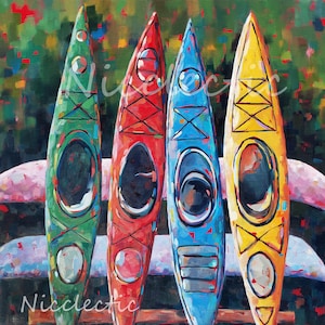Colorful Kayaks Art Print: Poconos Lake House Decor (12x12 inches)