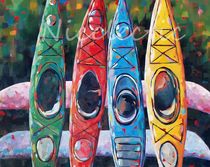 Colorful kayaks - colorful art print lake house decor