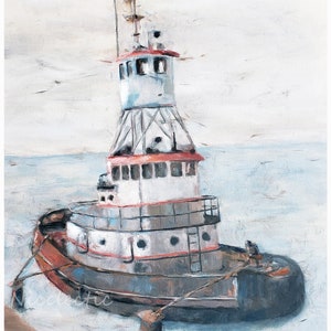 May include: A vintage tugboat painted in shades of white, red, and gray, docked at a pier. The boat has a tall, narrow cabin with multiple windows and a ladder on the side.