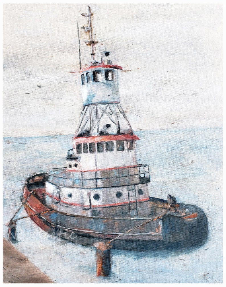 May include: A vintage tugboat painted in shades of white, red, and gray, docked at a pier. The boat has a tall, narrow cabin with multiple windows and a ladder on the side.