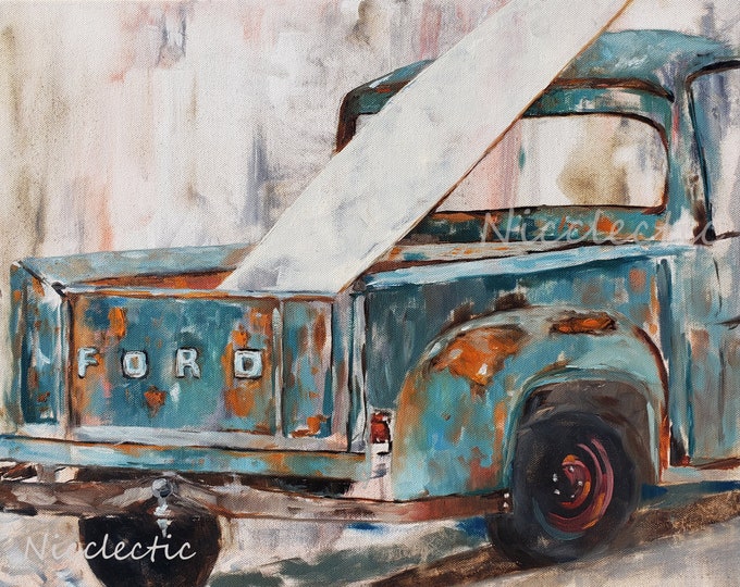 Rusty Ford Pick-up Truck Painting art by Nicole Roggeman at Nicclectic in North Carolina, coastal decor, southern style, blue and orange