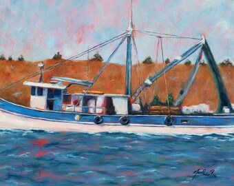 Fishing Shrimping Boat, Coastal North Carolina Art, Fishing Trawler, Nautical artwork for Dad, Topsail Island, Cocoa Beach, Nicclectic