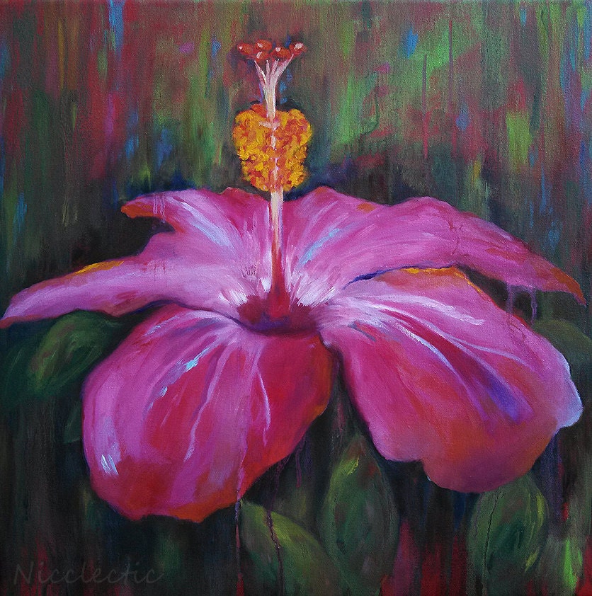Pink hibiscus oil painting, flower art, gifts for mom, tropical flowers coastal wall art