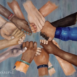 May include: A painting of multiple hands of different skin tones clasped together in a circle, symbolizing unity and diversity.