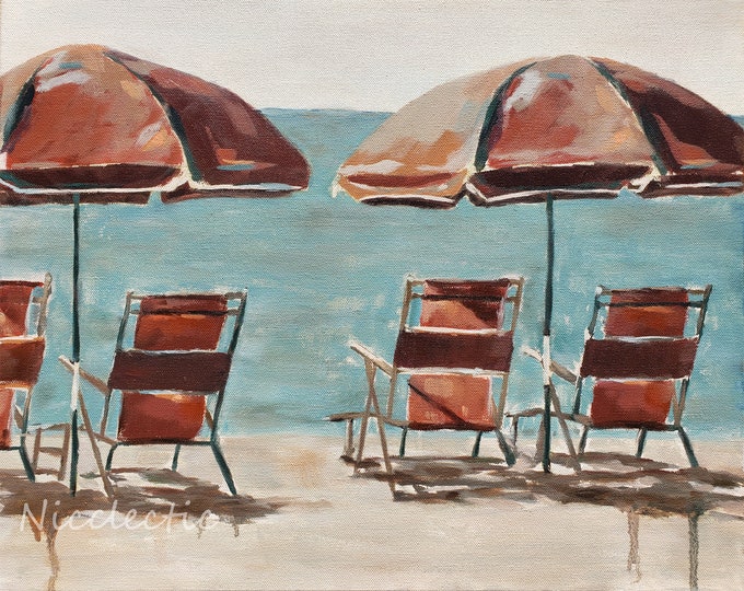 Beach umbrellas chairs, orange and blue coastal art by Nicole Roggeman at Nicclectic, North Carolina, Surf City, Sand, Water Ocean Nostalgia