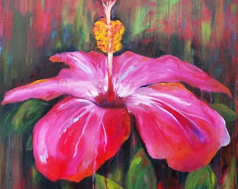 Pink hibiscus oil painting, flower art, gifts for mom, tropical flowers coastal wall art, nicclectic, square painting pink green beach decor