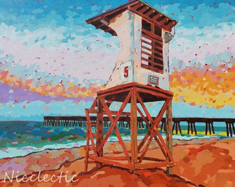 Wrightsville Beach, NC - Colorful lifeguard stand art print by Nicole Roggeman @Nicclectic