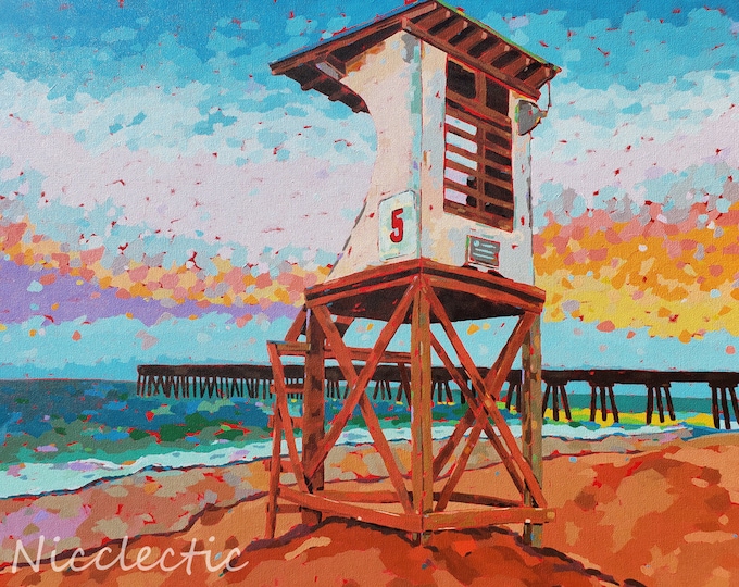 Wrightsville Beach, NC - Colorful lifeguard stand art print by Nicole Roggeman @Nicclectic