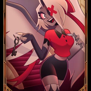 Pode incluir: Ilustração de Vaggie de Hazbin Hotel, segurando uma chave e uma prancheta. Ela usa um top vermelho e shorts pretos, com uma cruz vermelha no cabelo. A imagem é emoldurada com uma borda dourada e o texto "HOTEL MANAGER VAGGI".