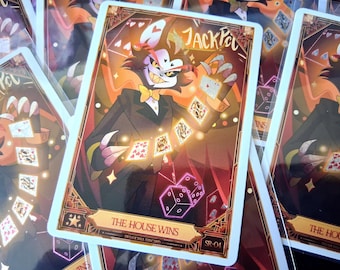 May include: A rectangular trading card featuring a stylized anthropomorphic character in a tuxedo and yellow bowtie, holding playing cards. The card displays the text JACKPOT and THE HOUSE WINS, with glowing pink dice and a dark, ornate border.