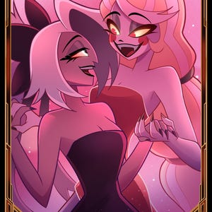 May include: A digital illustration featuring two female characters from the animated series, Hazbin Hotel. The image is framed with a gold border and features the text "LOVE IN HELL". The characters are depicted in a romantic pose, with a pink and purple color scheme.