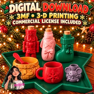 May include: A collection of 3D printed Christmas-themed items including a red nutcracker, a pink ballet slipper, a green stocking, a yellow nutcracker bowl with a red spoon, a red mug with a snowflake, and a purple mouse figurine.