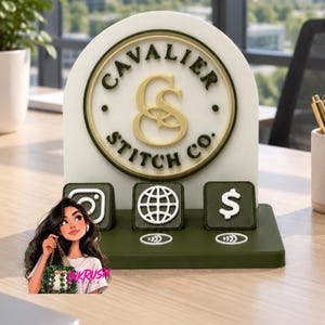 May include: A white and olive green arched display sign featuring the gold text Cavalier Stitch Co. and a central CS logo. Below are three square icons representing Instagram, a website, and a dollar sign, with NFC symbols underneath.