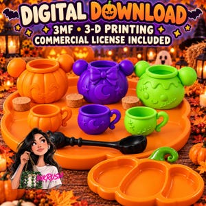 May include: A digital download for 3D printing featuring orange, purple, and green pumpkin-shaped containers with mouse ears, matching small mugs, a black ladle, and a pumpkin-shaped serving tray. Text reads: DIGITAL DOWNLOAD 3MF 3-D PRINTING COMMERCIAL LICENSE INCLUDED.