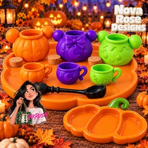 May include: A set of three pumpkin-shaped containers with mouse ears, three matching small mugs, a black ladle, and a pumpkin-shaped serving tray. The containers are orange, purple, and green, featuring carved faces, moons, and stars. Text reads Nova Rose Designs.