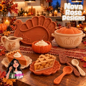May include: A collection of ceramic Thanksgiving-themed tableware including a turkey-shaped platter, a pumpkin-shaped lidded tureen, a gravy boat, two pie slices on scalloped plates, a small pumpkin bowl, and two spoons with leaf and pumpkin motifs.