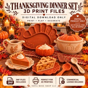 Op de afbeelding: Een digitale 3D-printbestandsset voor een Thanksgiving-dinerservies, inclusief een kalkoenvormige schaal, een terrine met pompoendeksel, taartpunten op bordjes, een sauskom en bestek, allemaal voorzien van herfstblad- en pompoenmotieven.