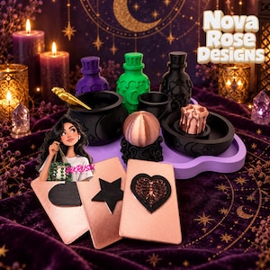 May include: A collection of mystical decor items including a purple potion bottle, a green potion bottle, a black skull bottle, a black cauldron, a rose gold crystal ball, and a rose gold candle. Three rose gold cards feature black symbols.