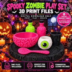 May include: A digital 3D print file set titled Spooky Zombie Play Set featuring a pink brain-shaped bowl, a matching pink spoon, a white eyeball cup, a black cup, and a black circular base with skull details. Includes green and pink bottles.