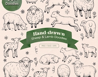 Hand Drawn Sheep Lamb Doodles SVG | Cute Pastoral Farm Animals Clipart | Nursery & Baby Design Elements PNG EPS (Digital Download)