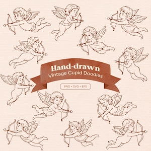 May include: A collection of hand-drawn vintage Cupid doodles in a light brown color. Each Cupid is depicted with wings, a bow, and arrow, in various flying poses. The image includes text that reads "Hand-drawn Vintage Cupid Doodles."