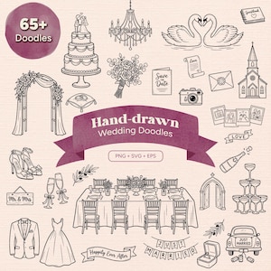 May include: Black and white hand-drawn wedding doodles. Includes a wedding cake, swans, church, arch, table setting, dress, tuxedo, and other wedding-related illustrations. The image also contains the text "Hand-drawn Wedding Doodles".