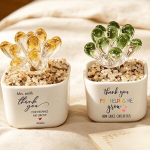 May include: Three decorative succulent plants in white pots. Each plant features a different colored glass succulent: amber, green, and blue. The pots have the text "thank you for helping me grow" and a name.
