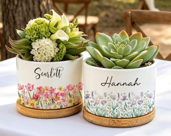 Personalized Vintage Floral Ceramic Planter, Custom Name Flower Pot, Teacher Thank You Gift, Unique Birthday & Custom Present for Friends