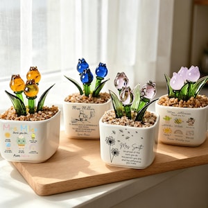 May include: Four square white ceramic planters containing glass flowers with green stems and small pebbles. Each planter features unique printed text and graphics, including names like Mrs. Miller, Miss Miller, Mrs. Smith, and Mrs. Alison with various icons.