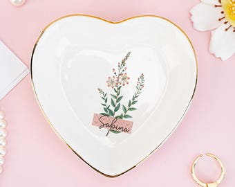 Personalisierte Geburt Blume Trinket Dish, Aquarell Ring Schmuckhalter, Brautjungfer Geschenk, vorgewickelt Geschenk, Geschenk für Bestie