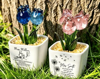 Maceta de vitral personalizada, Gracias por ayudarme a crecer, Regalo para profesor, Regalo de agradecimiento para compañero de trabajo, Mini flor de vidrio de recuerdo para escritorio