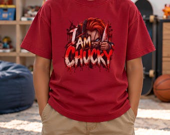 Ich bin Chucky Halloween-Shirt für Jungen, Gruselpuppen-T-Shirt, Schreckliches Horror-Shirt, Halloween-Kostüm-Oberteil für Kinder, Gruseliges Slasher-Geschenk für Jungen