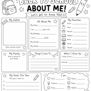 Op de afbeelding: Een zwart-wit werkblad getiteld Back to School About Me met secties voor persoonlijke gegevens, favorieten, familie, doelen en interesses. De pagina bevat lijntekeningen van een rugzak, een potlood en sterren met lege regels om op te schrijven.