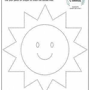 Op de afbeelding: Een wit educatief werkblad met een grote zon-omtrek gemaakt van stippellijnen om over te trekken. De tekst luidt Trace the sun! Use your pencil or crayon to trace the dotted lines. Het logo tiny trails staat rechtsboven en Shine bright today! onderaan.