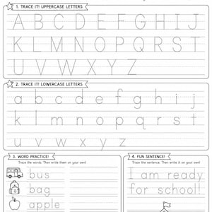 Op de afbeelding: Een zwart-wit Back to School handschrift oefenblad met secties voor het overtrekken van hoofdletters en kleine letters, woordtraining met iconen voor bus, tas, appel, potlood en boek, en een zinsgedeelte om over te trekken met een schoolgebouw.