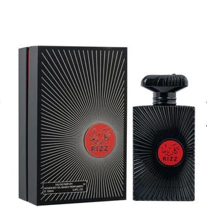 Puede incluir: Un juego de botella y caja de perfume negro. La botella y la caja presentan un diseño radial con la palabra "RIZZ" en rojo. La caja también incluye el texto "EAU DE PARFUM ADVANCED OIL-BASED PERFUMERY e 100ml 3.4FL.OZ."