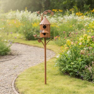 Może przedstawiać: Ozdobny, brązowy, metalowy domek dla ptaków na wysokim słupie, z małym dachem, okrągłymi otworami wejściowymi i figurkami ptaków. Domek dla ptaków znajduje się w ogrodzie ze żwirową ścieżką i różnymi kwiatami. Słup ma około 150 cm wysokości.