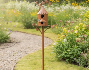 Metal Birdhouse Garden Stake, Rustic Outdoor Bird House Yard Decor